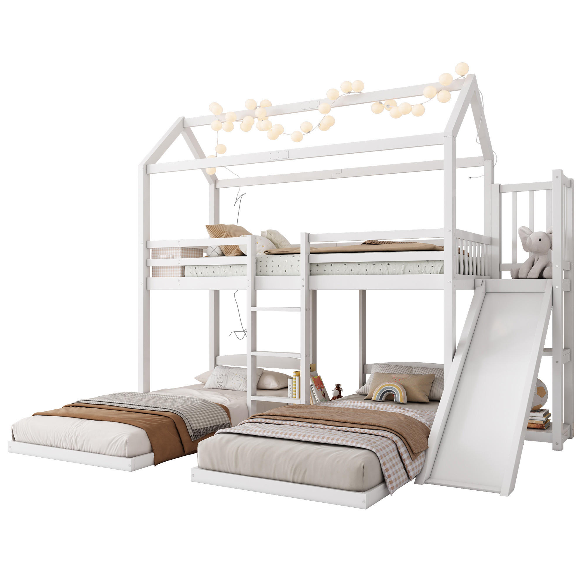 HAUSBETT 90/200 cm in Weiß mit Rutsche und Dachdesign - Weiß, Holz (90/200cm) - BEAOK