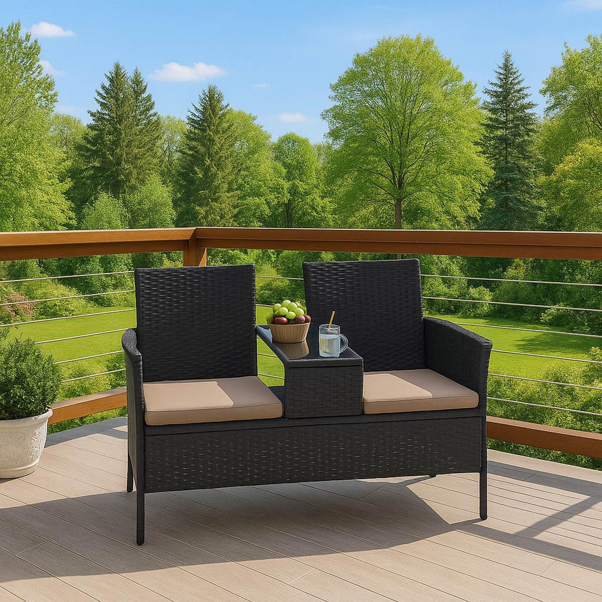 POLY-RATTAN SITZBANK MIT TISCH Schwarz, Grau - Schwarz/Grau, Kunststoff (132/84/55cm) - MCW
