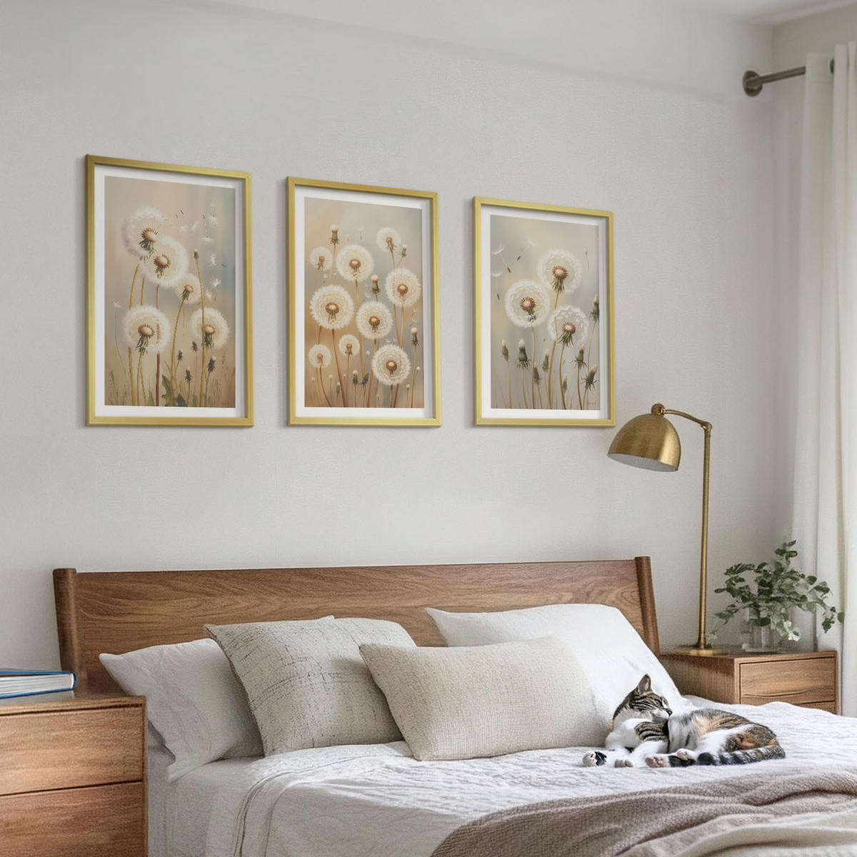 WANDBILDER 3er Set - 40x60 cm Goldrahmen - Weiße Löwenzahnblüten auf hellem Hintergrund - Goldfarben, Kunststoff (40/60cm) - ArtPrintCave