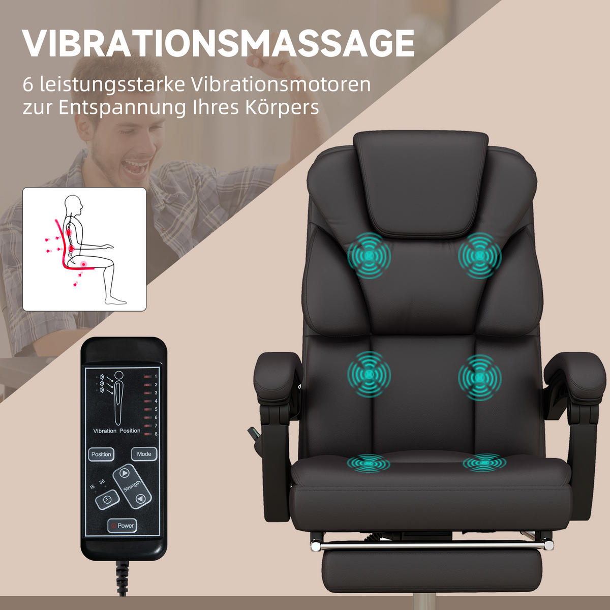 BÜROSTUHL mit Massagefunktion, Schwarz - Braun, Leder (57/126/63cm) - Vinsetto