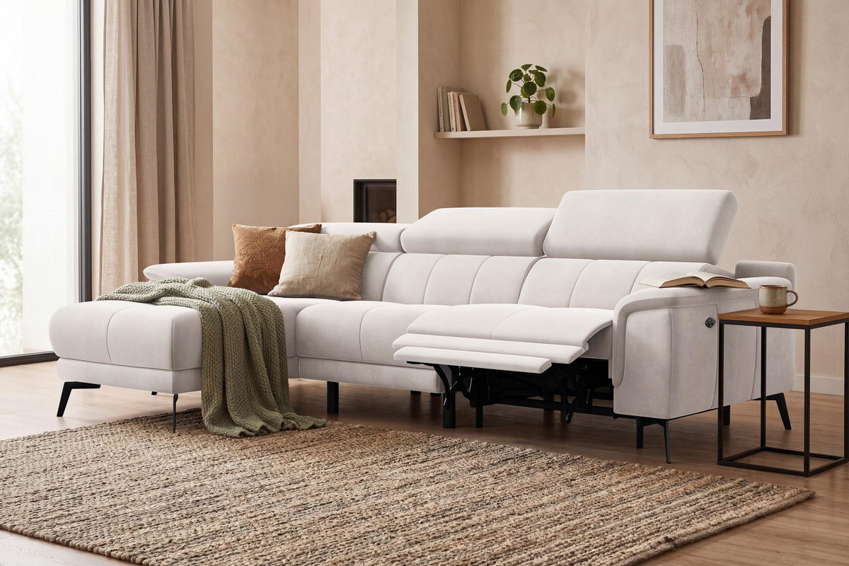 ECKSOFA FIERO 4-Sitzer LINKS, Beiger Veloursstoff - Beige/Schwarz, Holz/Textil (288/170cm) - Courtois Laville