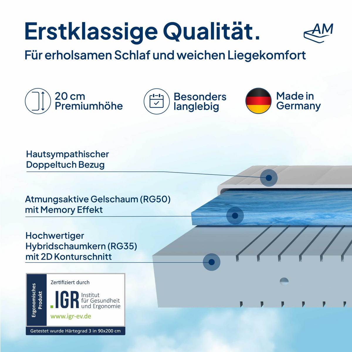 GELMATRATZE 140/200 cm H3 - 20cm Höhe & Toledo Bezug - Weiß, Textil (140/200cm) - AM Qualitätsmatratzen