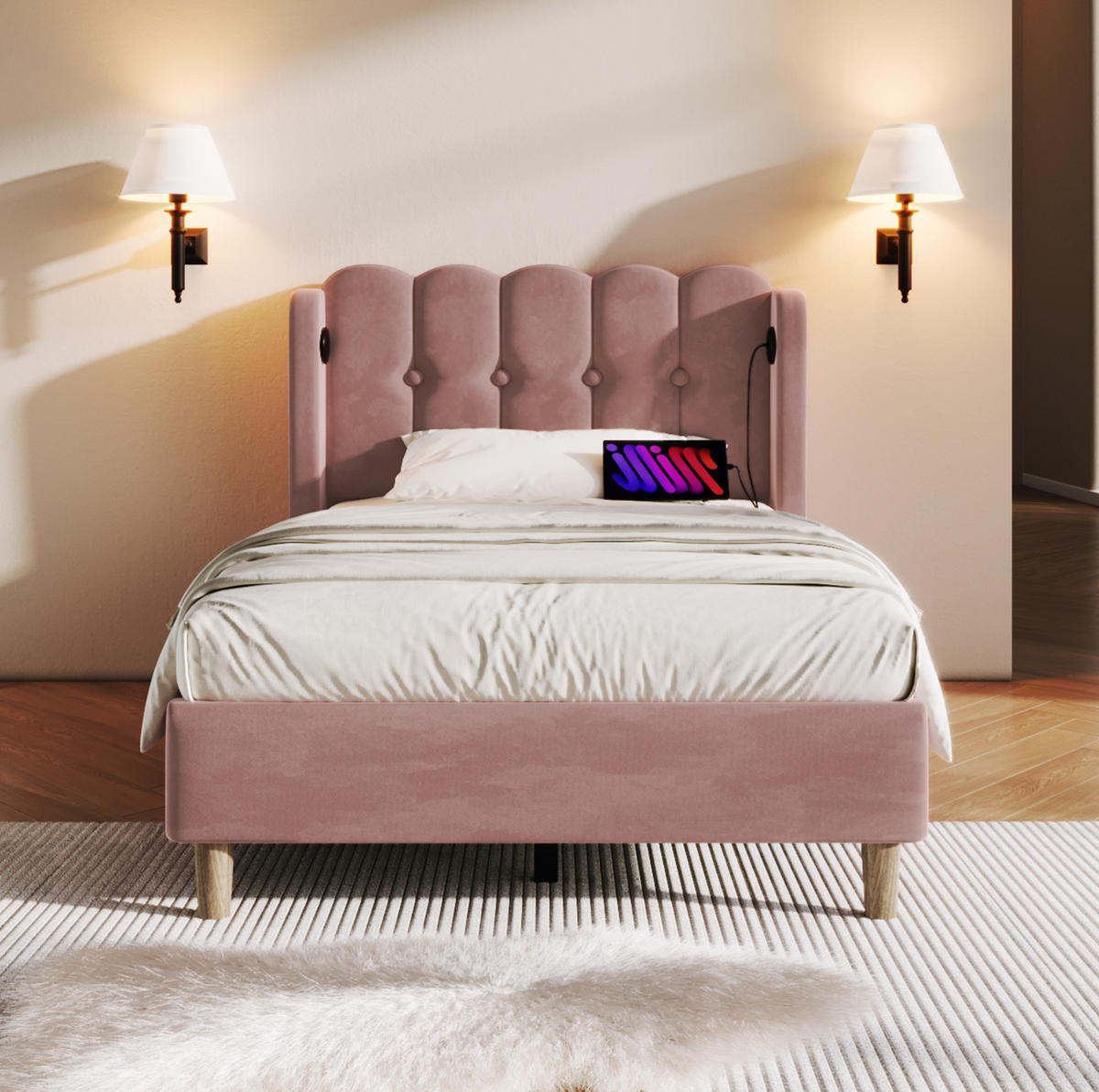 POLSTERBETT 90/200 cm Rosa aus Samt mit Matratze und USB- und Type-C-Anschlüssen - Rosa, Textil (90/200cm) - Flora Grace