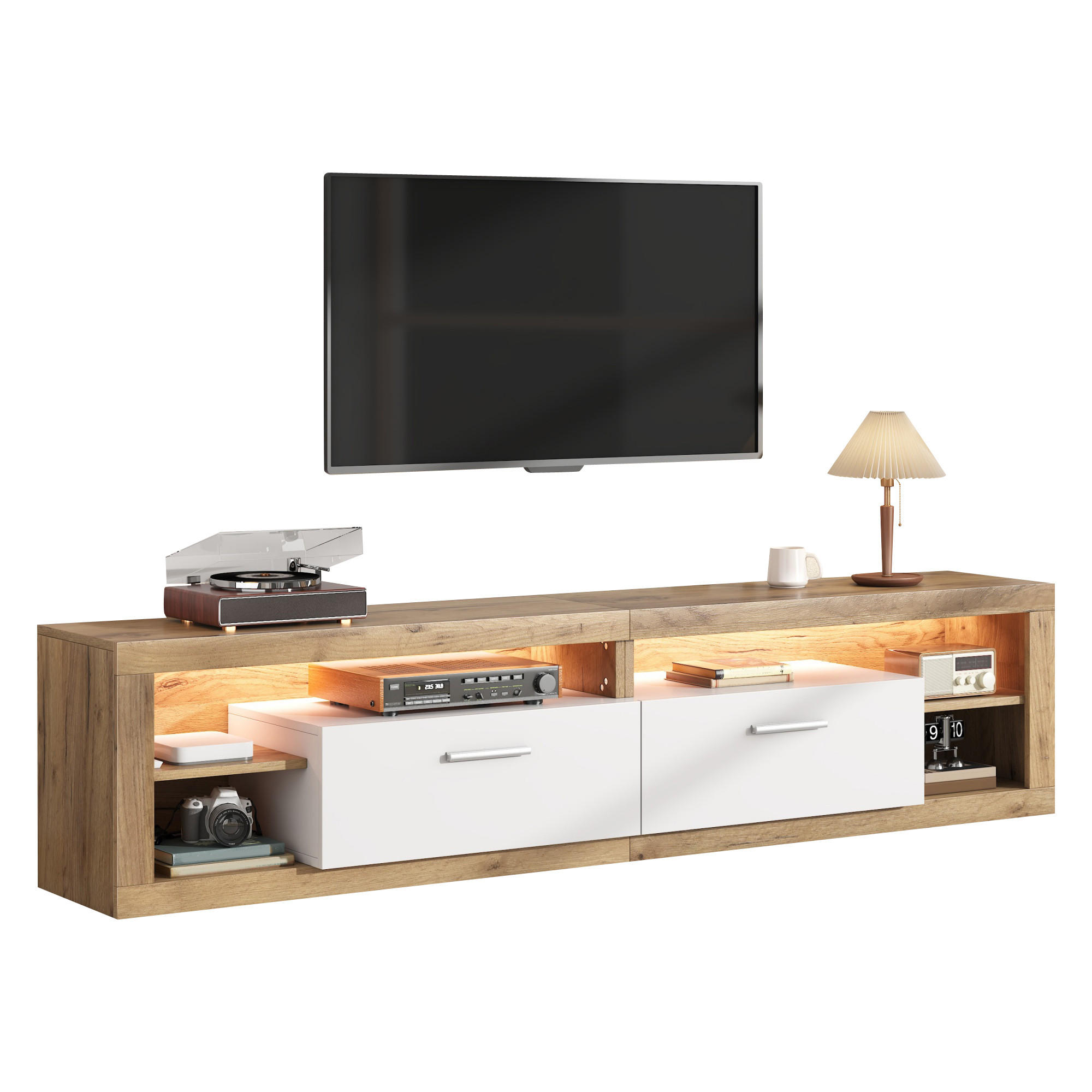 STILVORA TV SKŘÍŇKA v přírodní a bílé barvě s LED osvětlením a 2 zásuvkami do obýváku, Š180/H35,5/V50 cm