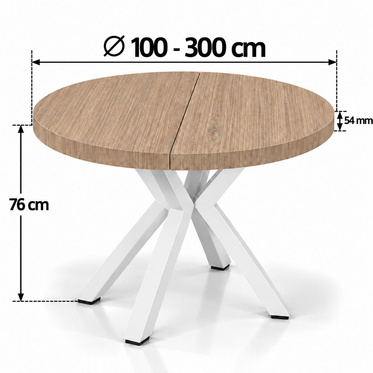 ESSTISCH rund ausziehbar 100-300/100/76 cm, Braun Halifax Egger, 54 cm Tischplatte + X Metallbeine Weiß - Weiß/Braun, Holzwerkstoff/Metall (100/100/76cm) - Damale Möbel