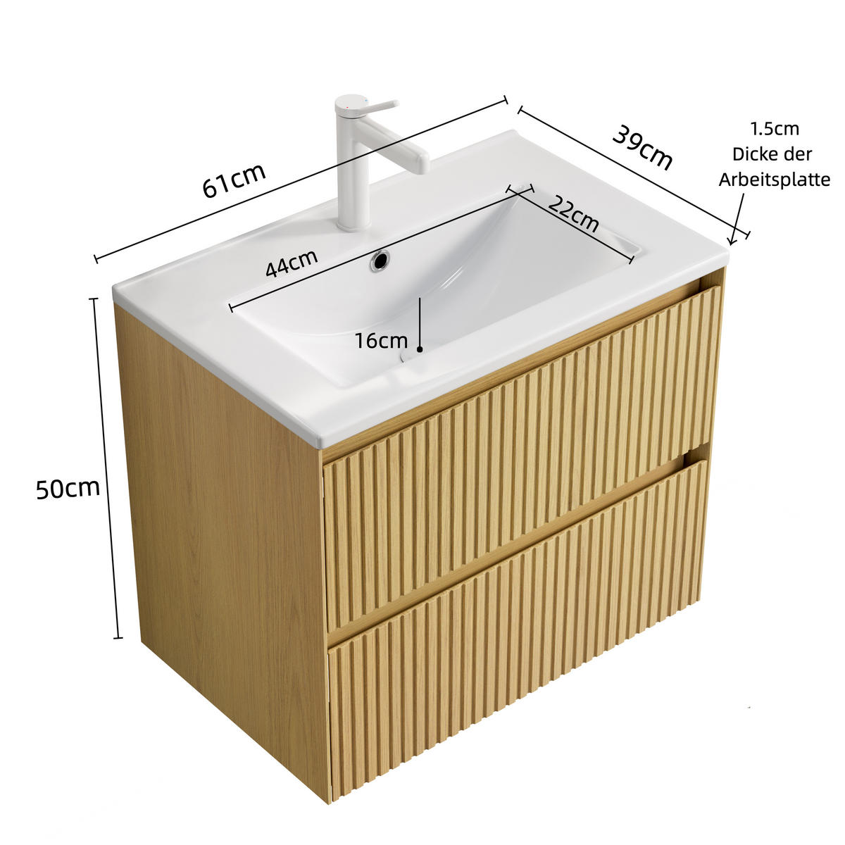 BADEZIMMERSCHRANK 61x39x51.5 cm Golden Oak & Weiß aus Keramik & Sperrholz mit 2 Schubladen - Eichefarben, Keramik (61/51.5/39cm) - Modfu