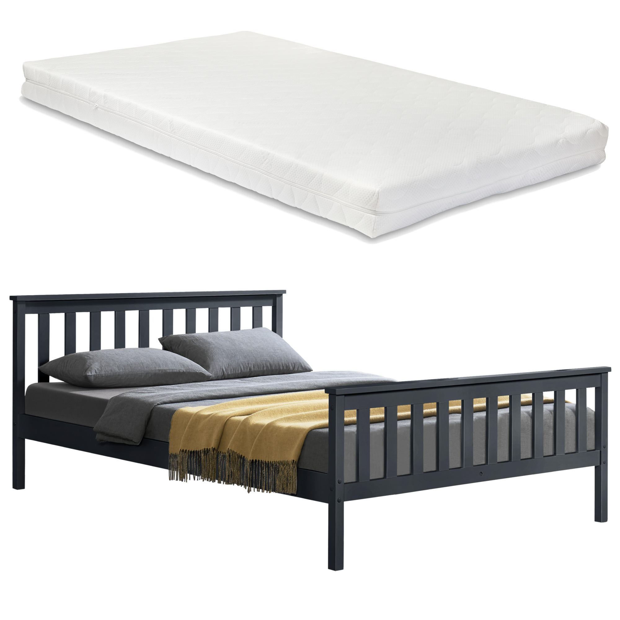 HOLZBETT mit Matratze - Dunkelgrau, Holz/Textil (180/200cm) - [en.casa]