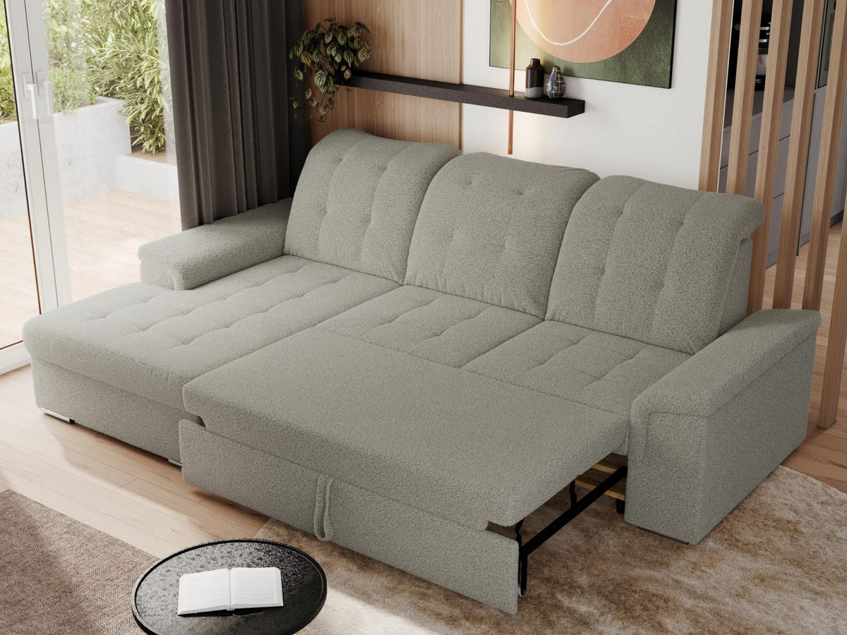 ECKSOFA MADRITO L - Hellgrau Boucle - Links - Silberfarben/Hellgrau, Textil/Metall (160/256cm)