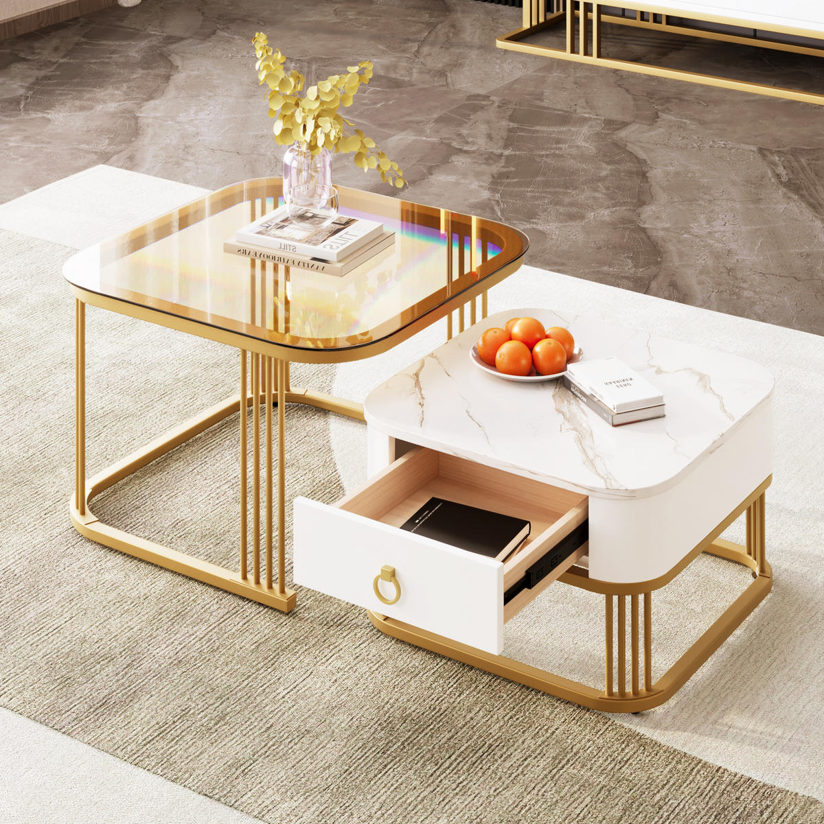 COUCHTISCH 2er-Set 60/60/44,5 & 50/50/34,5 cm in Marmoroptik mit Schublade - Weiß, Holzwerkstoff (60/60/45cm) - Flora Grace
