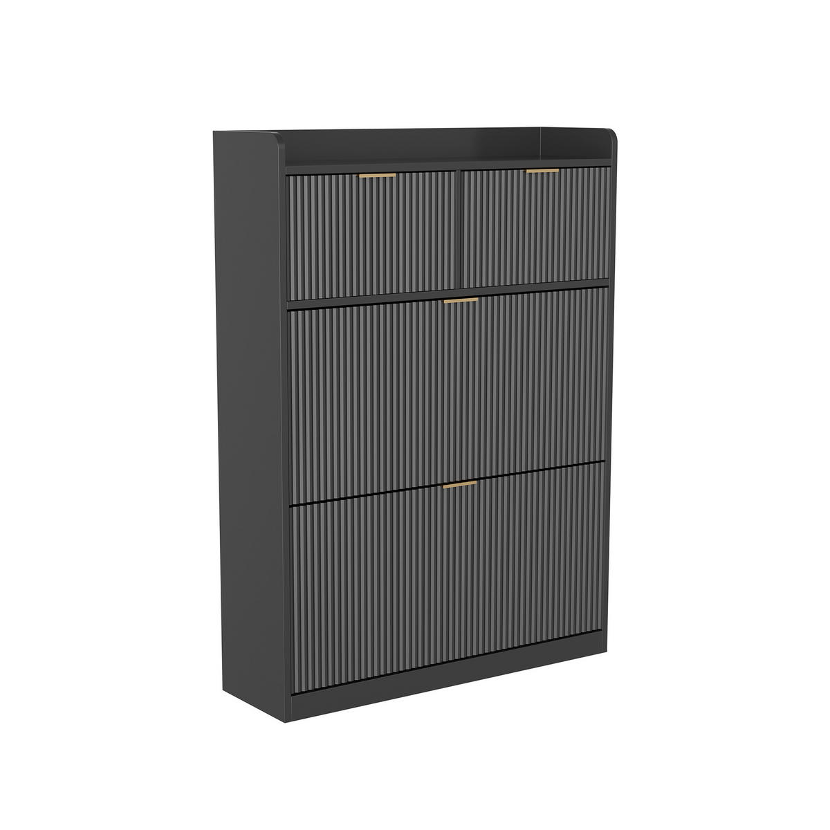 SCHUHSCHRANK Schwarz mit Wellenfronten & Goldgriffen - Schwarz, Holzwerkstoff (24/100/80cm) - SHOPENTRA