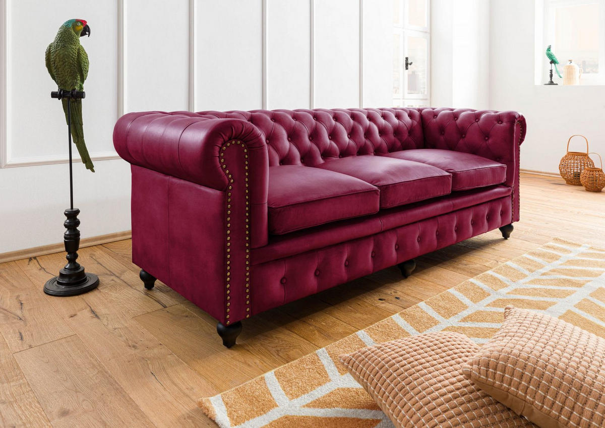 SOFA 3-Sitzer Echtleder 216x82x75 rot CHESTERFIELD #403 - Rot, Leder (216/75/82cm) - Massivmoebel24