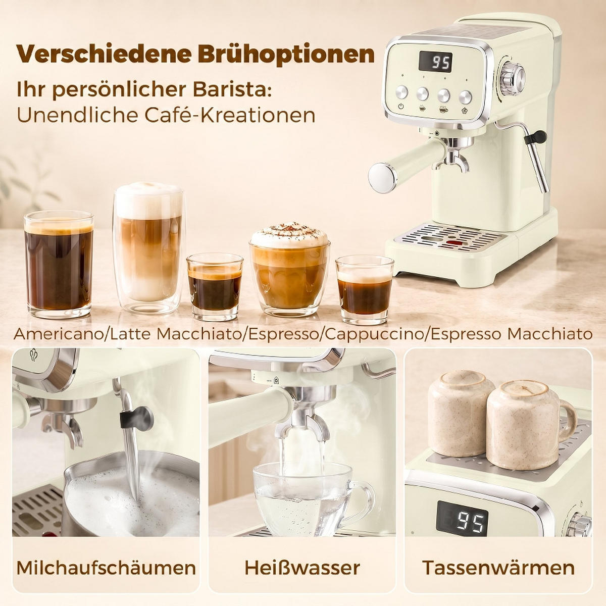 ESPRESSOMASCHINE mit Milchaufschäumer, 20 BAR DRUCK, Kunststoff-Edelstahl - Weiß, Metall (17/31/32cm) - Rolipo