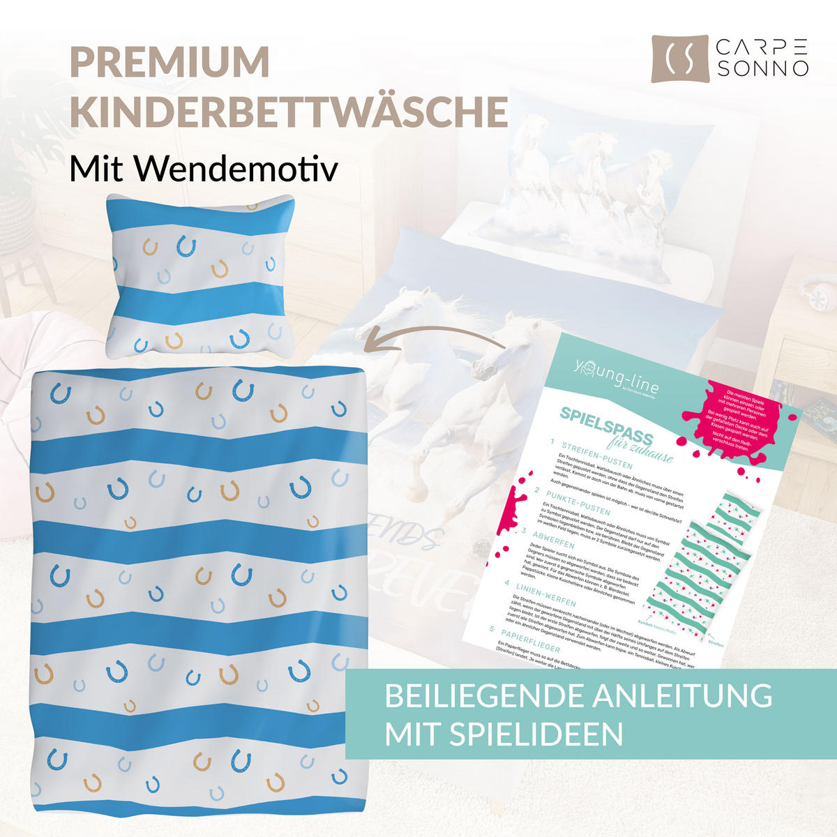 KINDERBETTWÄSCHE 135x200 cm Pferde Tiere aus 100% Baumwolle - Leuchtet um Dunkeln - Blau, Textil (135/200cm) - Carpe Sonno
