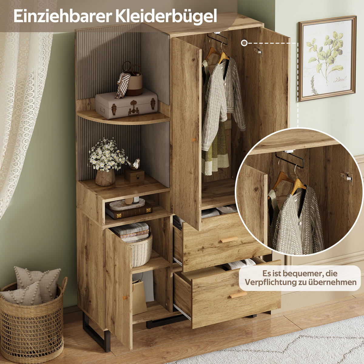 GARDEROBENSCHRANK in Naturfarben Garderobenschrank mit Schuhschrank und Schubladen für Flur, B110/T38/H186 cm - Schwarz/Naturfarben, Holzwerkstoff/Metall (110/186/38cm) - STILVORA