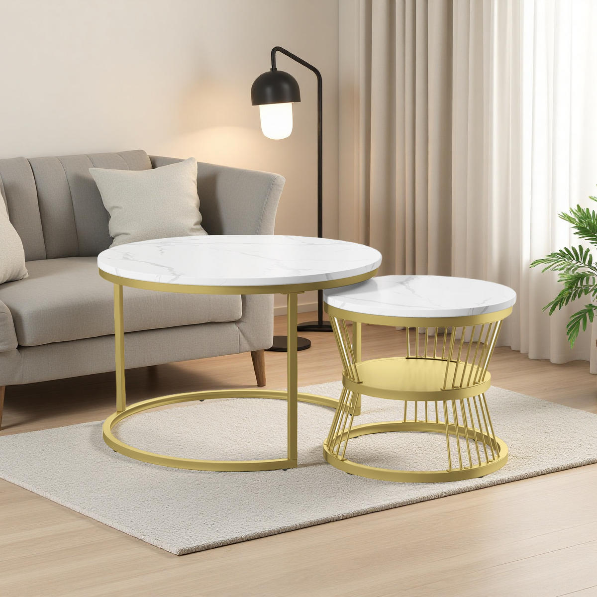 COUCHTISCH-SET Marmoroptik Weiß, Metallgestell Gold, 2er Set - Goldfarben/Weiß, Metall (70/70/45.5cm) - SHOPENTRA