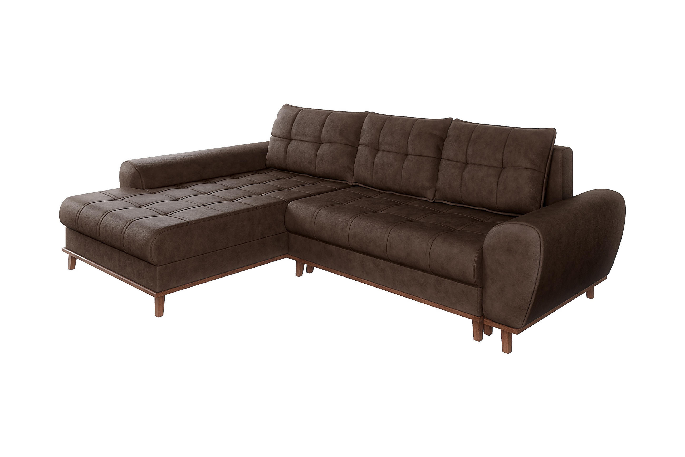 ECKSOFA im Scandi-Stil, Schlaffunktion, Bettkasten B268/T175/H86 cm, Ottomane links, Liegefl. 128x209 cm, Mikrofaserstoff in Vintage Braun / 21018 - Eichefarben/Braun, Holz/Textil (268/175cm) - luma-home