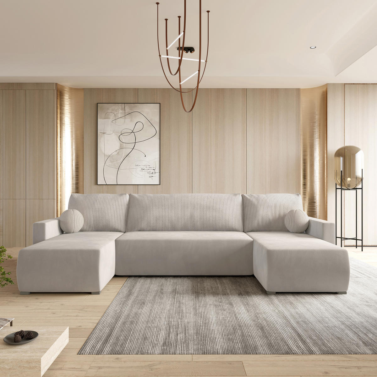 ROHOVÁ SEDAČKA TESSUN krémová - šedá/krémová, dřevo/textil (286/143cm) - MASSENO