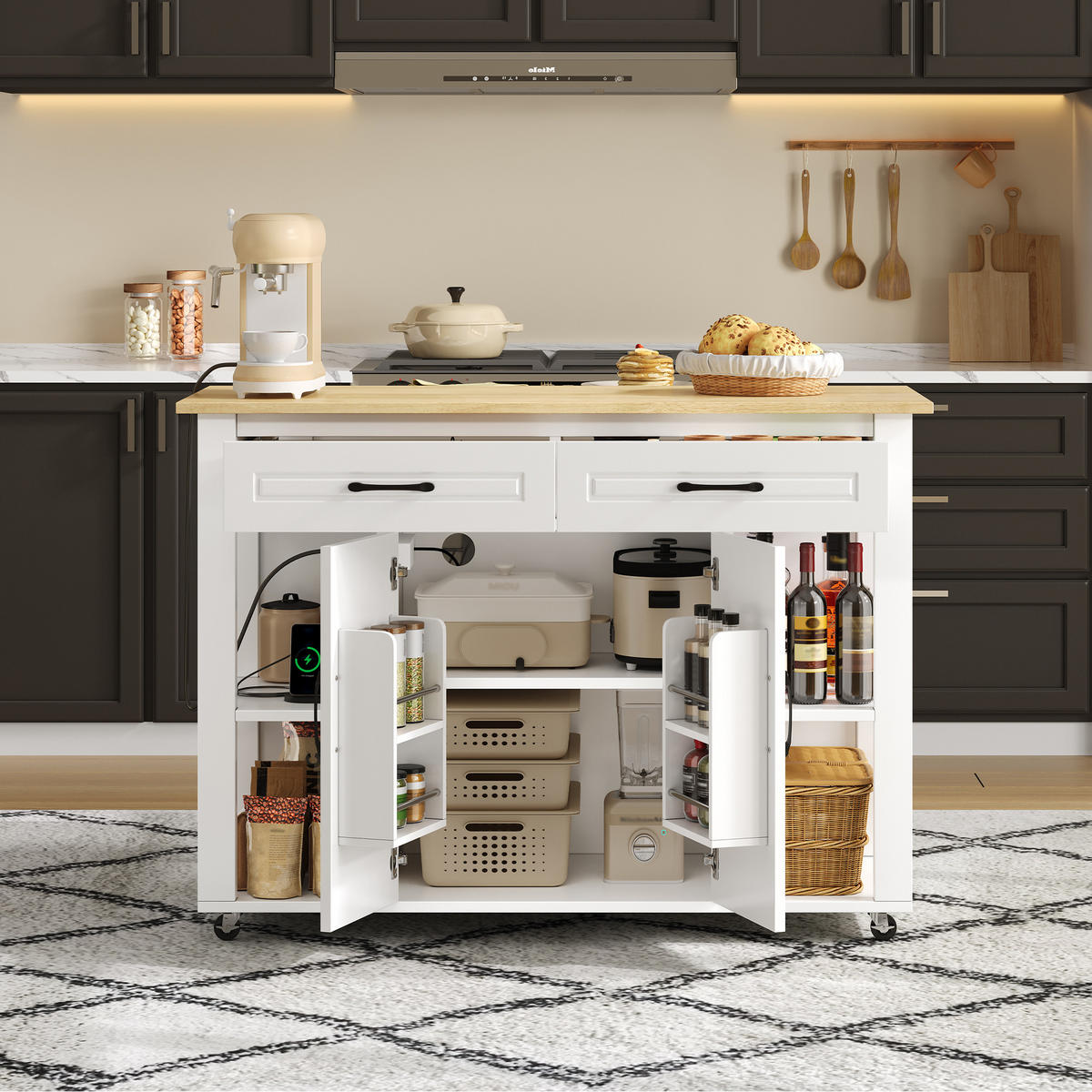 KÜCHENINSEL 120/77/93 cm weiß/natur mit ausziehbarer Bartheke - Weiß, Holzwerkstoff (120/93/77cm) - OKWISH