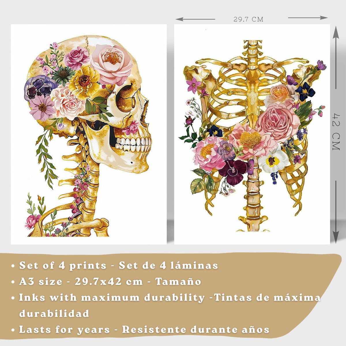POSTER Set aus 4 Anatomie Mensch Drucke und Wandbilder mit Schädel Skelett Herz und Goldene Lungen Wanddekoration Größe Schwarzer Rahmen A3 - Schwarz, Papier (29.7/42/3cm) - Nacnic