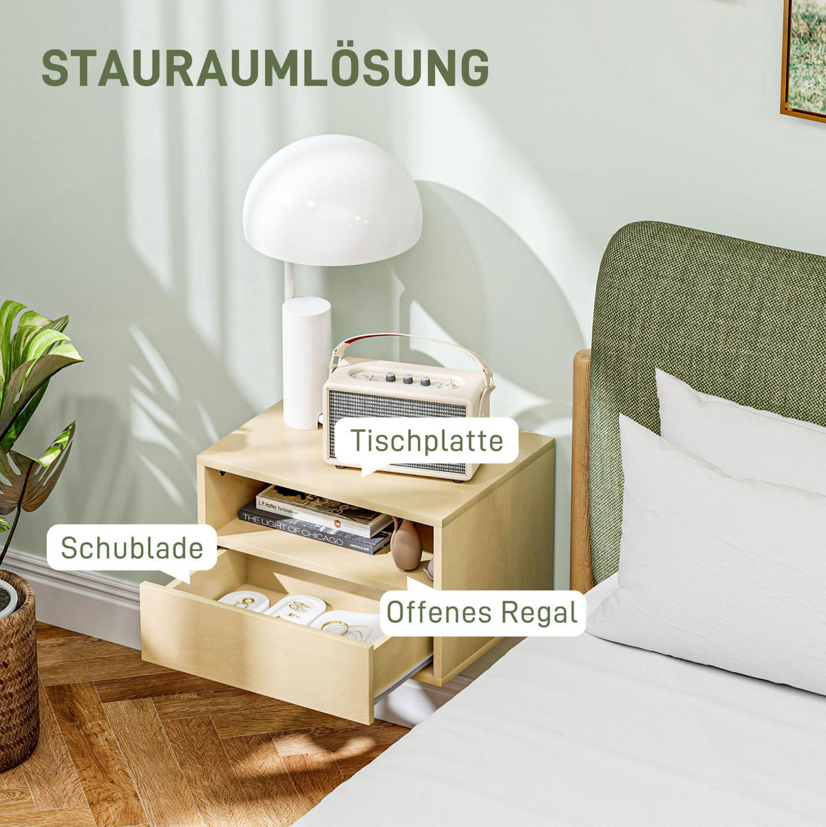 SCHWEBENDER Nachttisch 45/35/27,5 cm im 2er-Set mit Schublade & offenem Fach - Hellbraun, Holz (35/27.5/45cm) - BEAOK