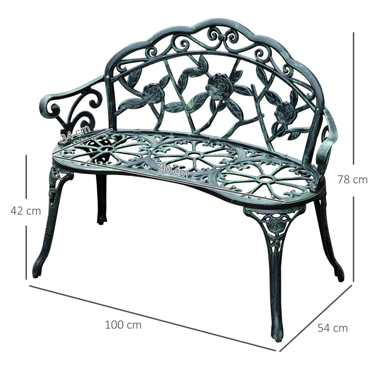 ZÁHRADNÁ lavica 100/54/78 cm antická zelená z liateho hliníka a liatiny pre 2 osoby - tmavozelená, kov (54/78/100cm) - OKWISH