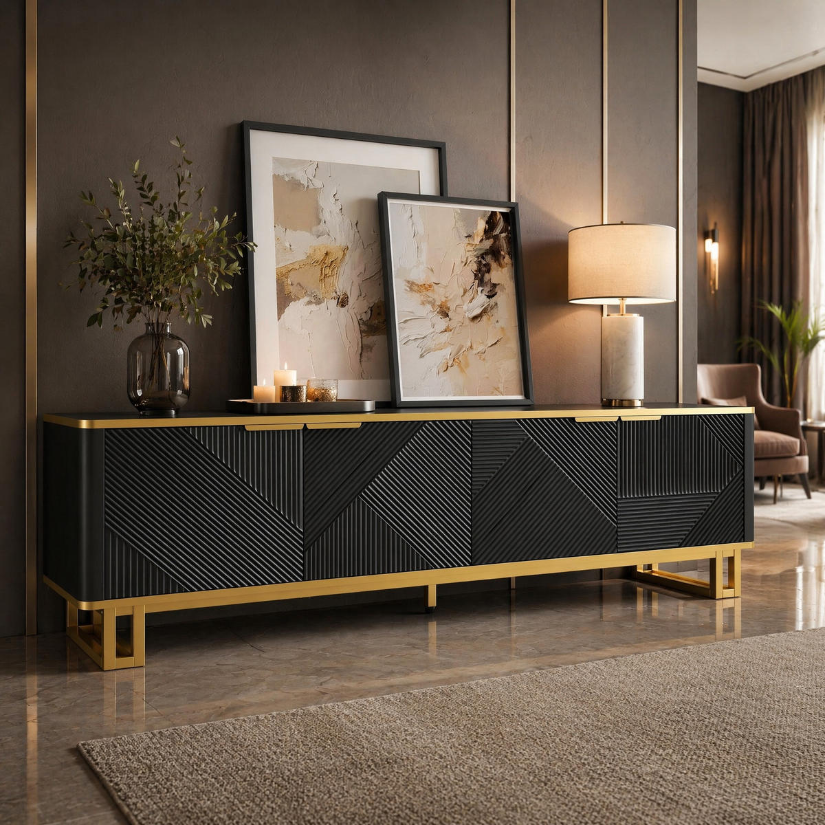 LOWBOARD in Schwarz und Gold TV-Schrank mit vier Türen für Wohnzimmer, B160/T37.5/H48 cm - Goldfarben/Schwarz, Holzwerkstoff/Metall (160/48/37.5cm) - STILVORA
