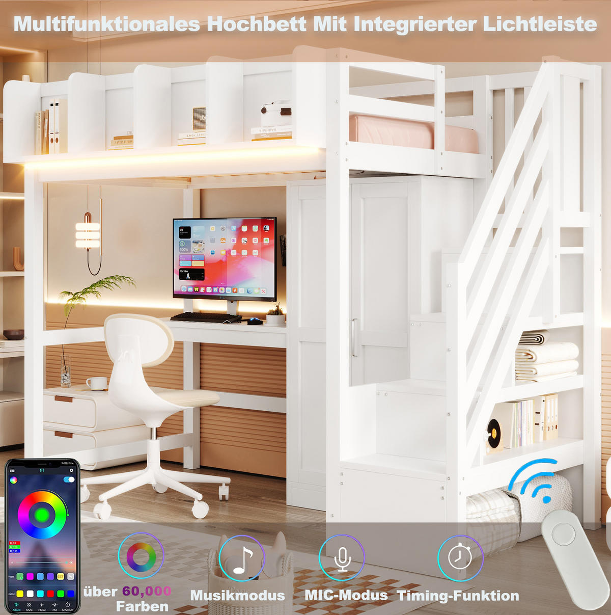 HOCHBETT 90/200 cm aus Holz mit Schreibtisch Kleiderschrank LED und Stauraumleiter Weiß - Weiß, Holz (90/200cm) - Modenvie