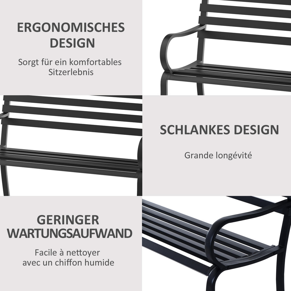 GARTENBANK, 127 x 58 x 82 cm, Metall, Schwarz - Schwarz, Metall (127/82/58cm) - Outsunny
