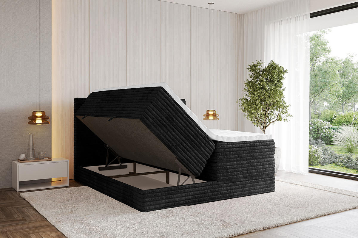 BOXSPRINGBETT mit Matratze H3|H4 und Lattenrost - TOLO KING-v1 120x200 Cord - Schwarz - Schwarz, Holzwerkstoff (120/200cm)