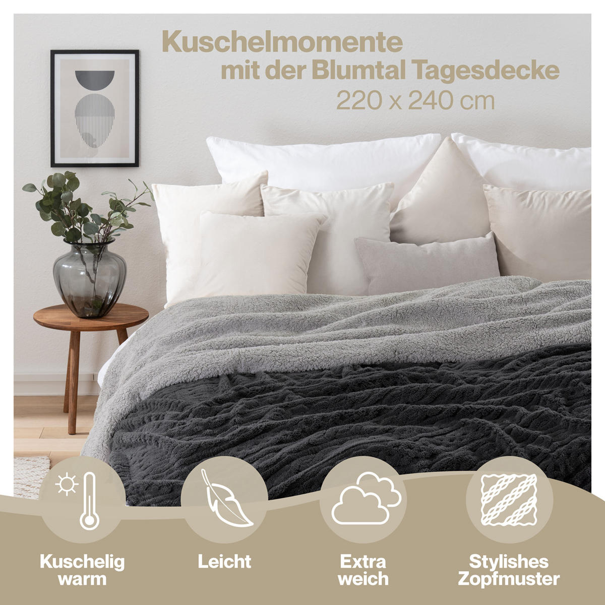 KUSCHELDECKE 220/240 cm, Grau & Dunkelgrau - Dunkelgrau/Grau, Textil (220/240cm) - Blumtal