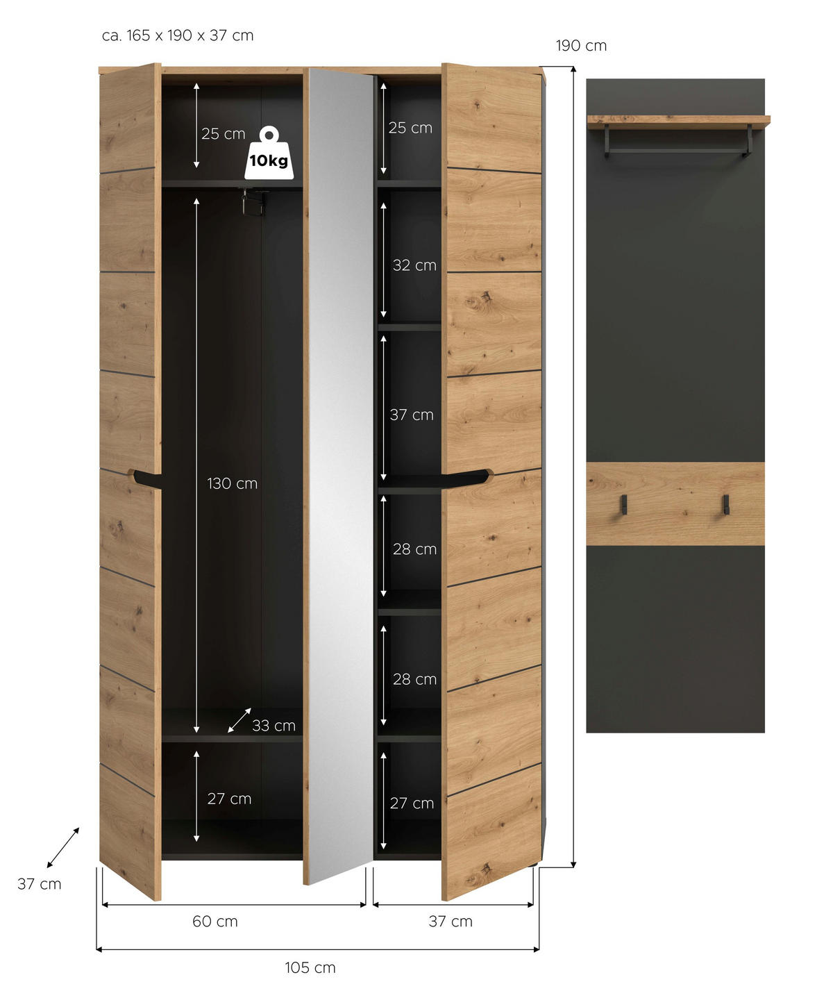 GARDEROBEN-SET Canu Artisan 165/37/190 cm - Grau, Holzwerkstoff (165/190/37cm) - Xonox