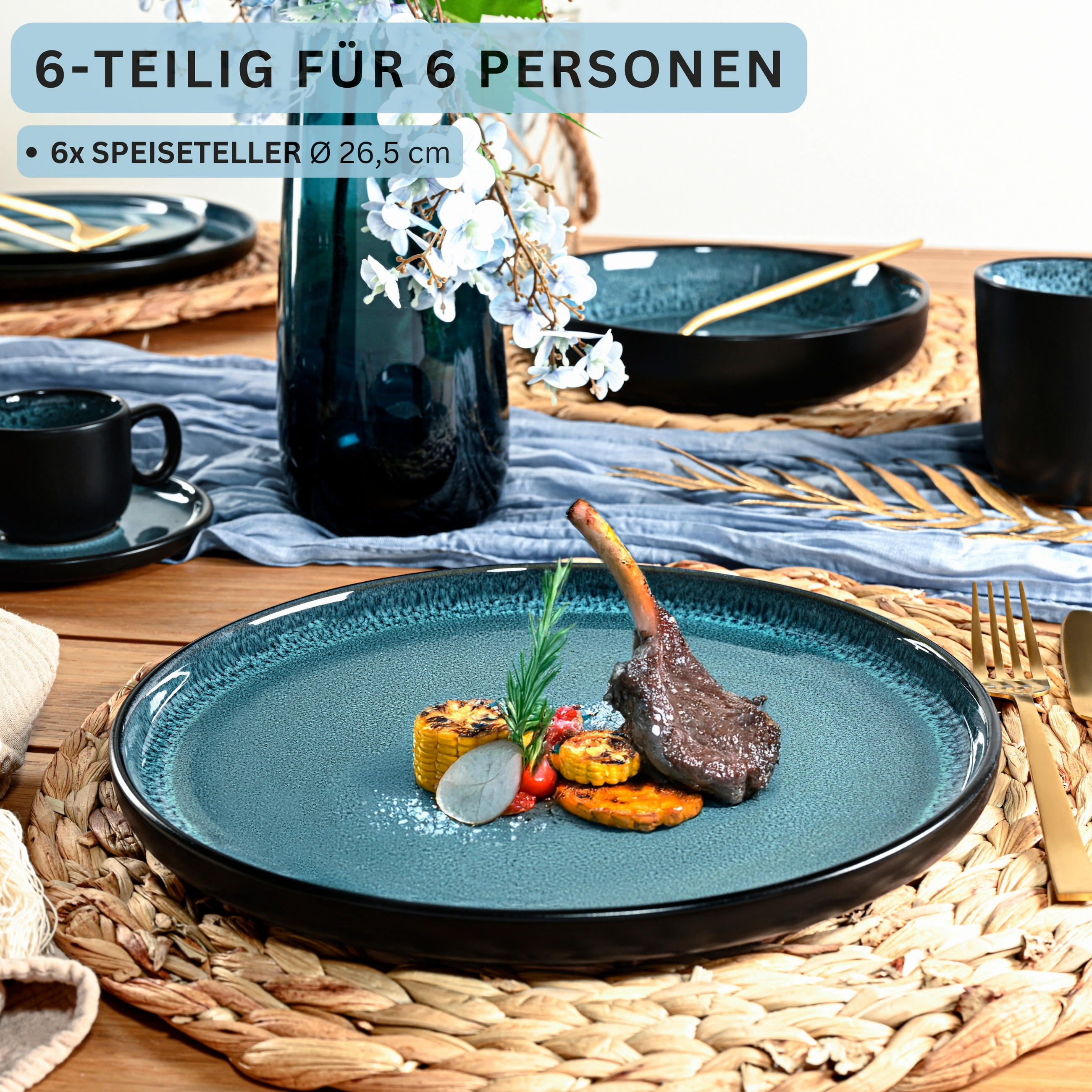 SPEISETELLER SET VIGO - 6 teilig aus Steingut - Blau, Stein (26.5cm) - Sänger
