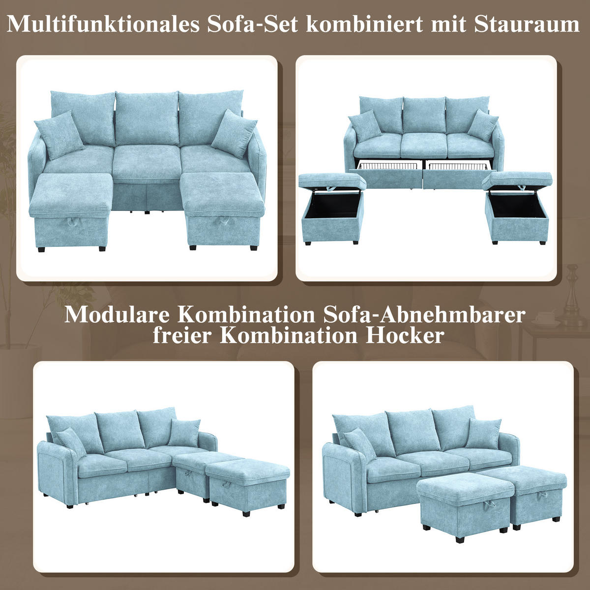 WOHNLANDSCHAFT 188/186/86 cm Dunkelgrau mit 2 Fußhocker und 2 Schubladen - Blau, Textil (188/86/186cm) - Oxeza