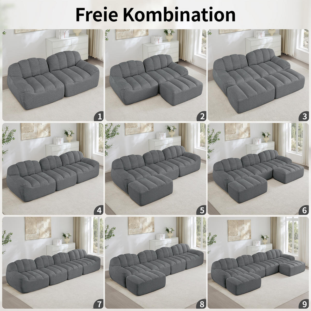 4-SITZER Sofa 366x165x79 cm aus granuliertem Fleece rahmenlos modular mit Ottoman, grau - Grau, Textil (165/79/366cm)