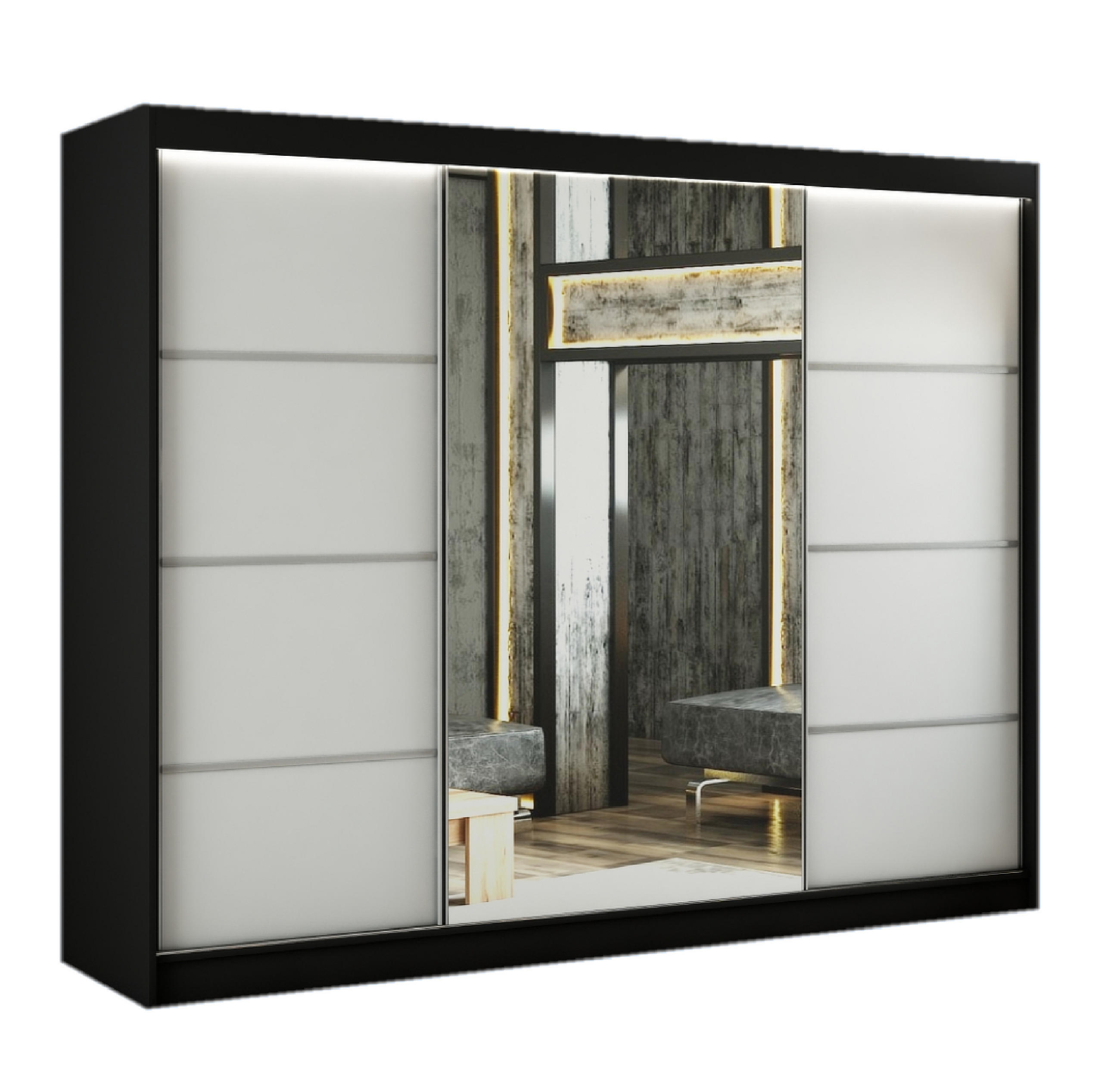 SCHWEBETÜRENSCHRANK Padwa 250 cm mit Spiegel 3-türig, schwarz und weiße Front - Schwarz/Weiß, Glas/Kunststoff (250/215/61cm) - Margaret Hadas24