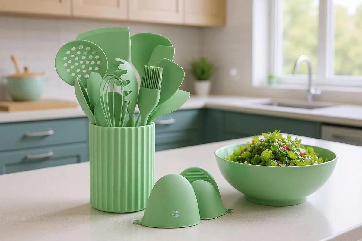KÜCHENUTENSILIEN-SET aus Silikon IVAR - 15-teilig - Hellgrün, Kunststoff - Björn