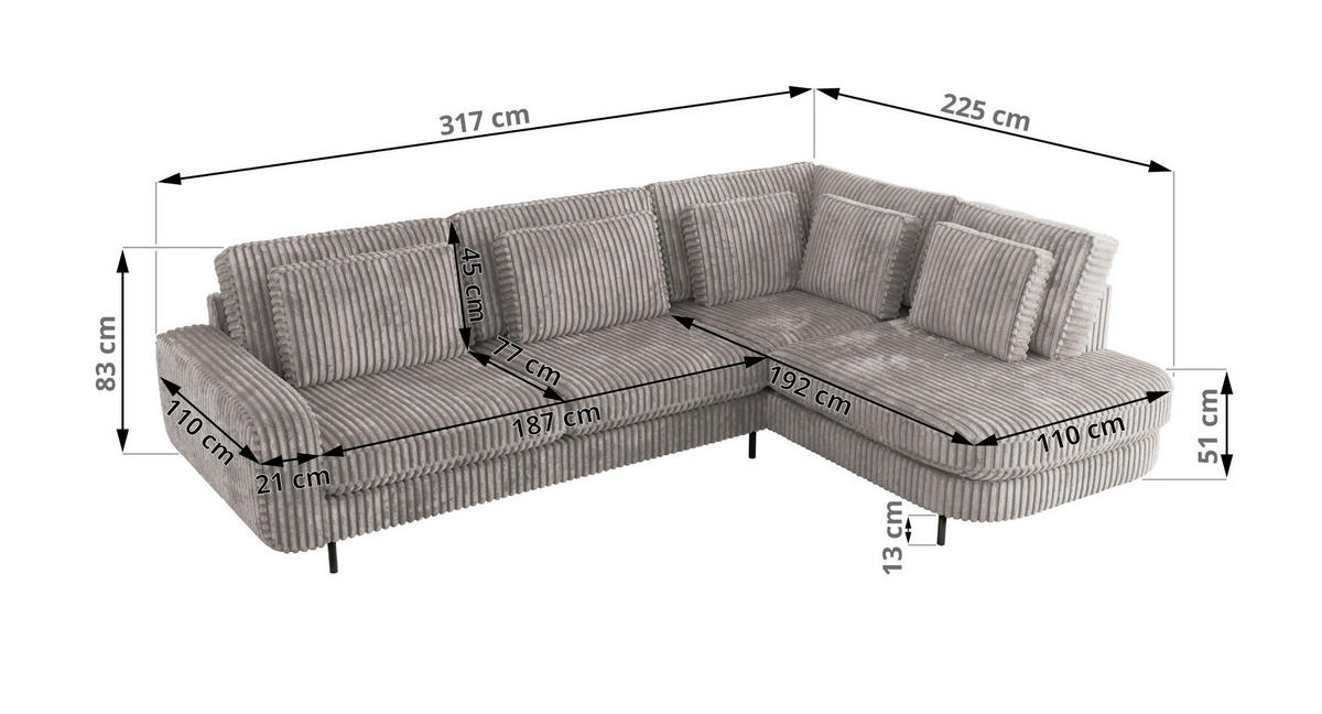 ROHOVÁ SEDAČKA CALENO L - Světle šedá Manšestr - Pravá Strana - černá/světle šedá, kov/textil (317/225cm) - MKS