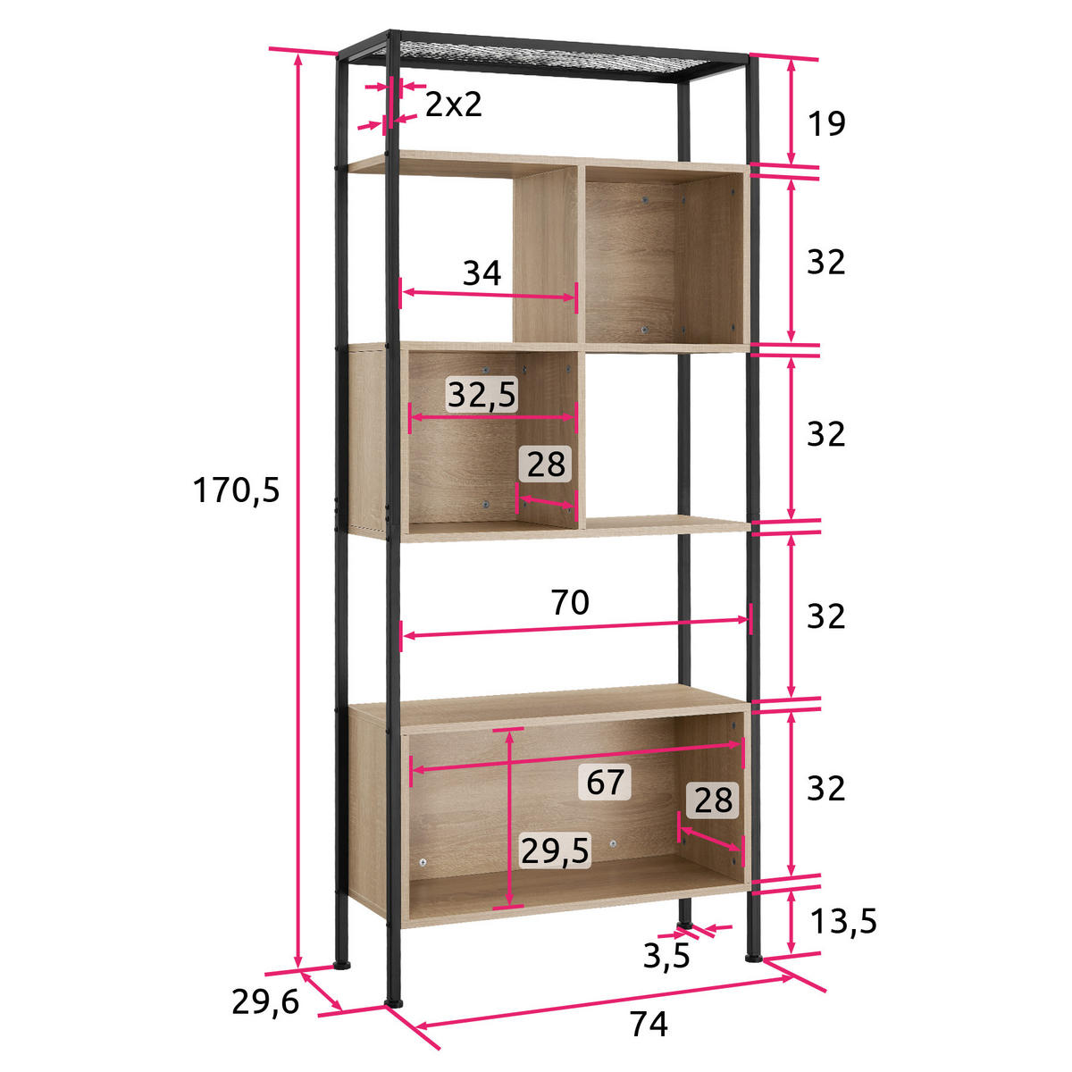 REGAL Hastings,inklusive Kippschutz, 75 x 31 x 170,5 cm,Industrial Holz hell, Eiche Sonoma - Naturfarben, Holzwerkstoff (31/170.5/75cm) - tectake