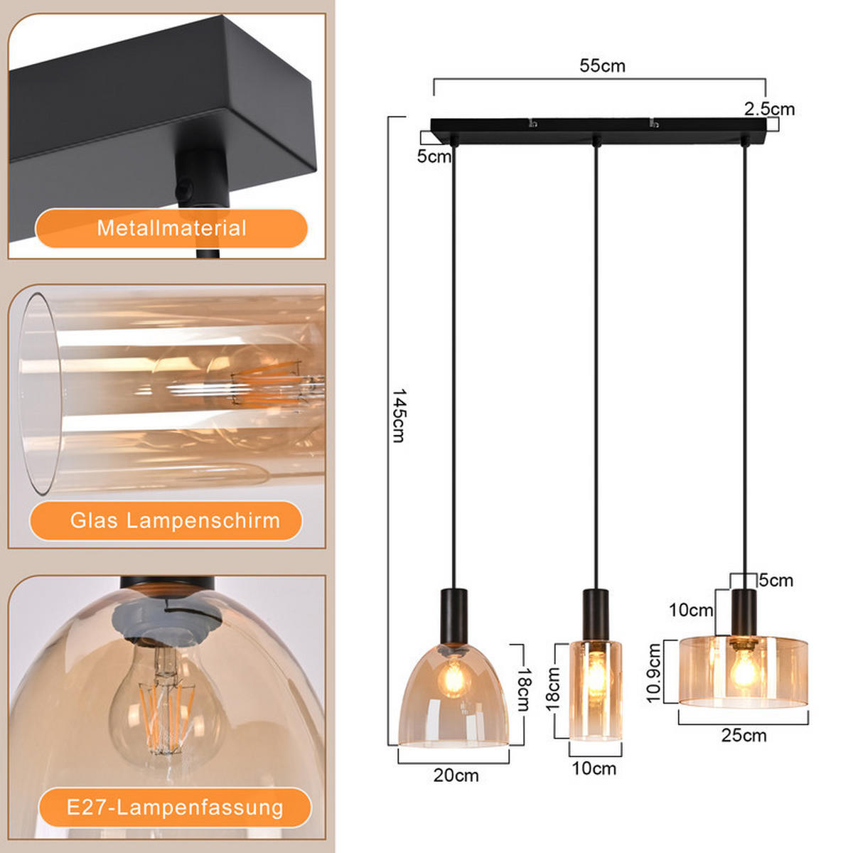 PENDELLEUCHTE 25/62.5/180.5cm - Schwarz, Metall (62.5/25/180.5cm) - Nettlife