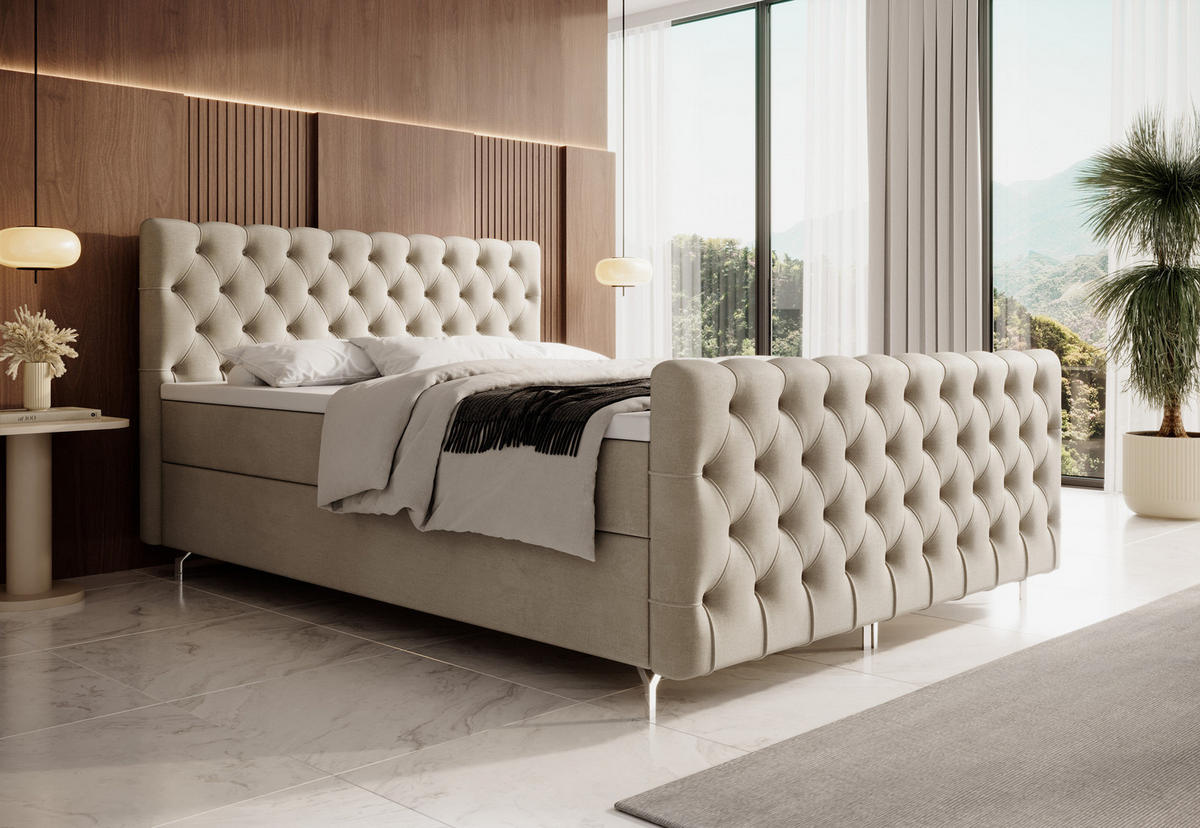 BOXBETT CHESTER PLUS 200x200, mit Matratze H3 und Topper, Monolith 02 - Creme, Holz/Textil (200/200cm) - Bedante