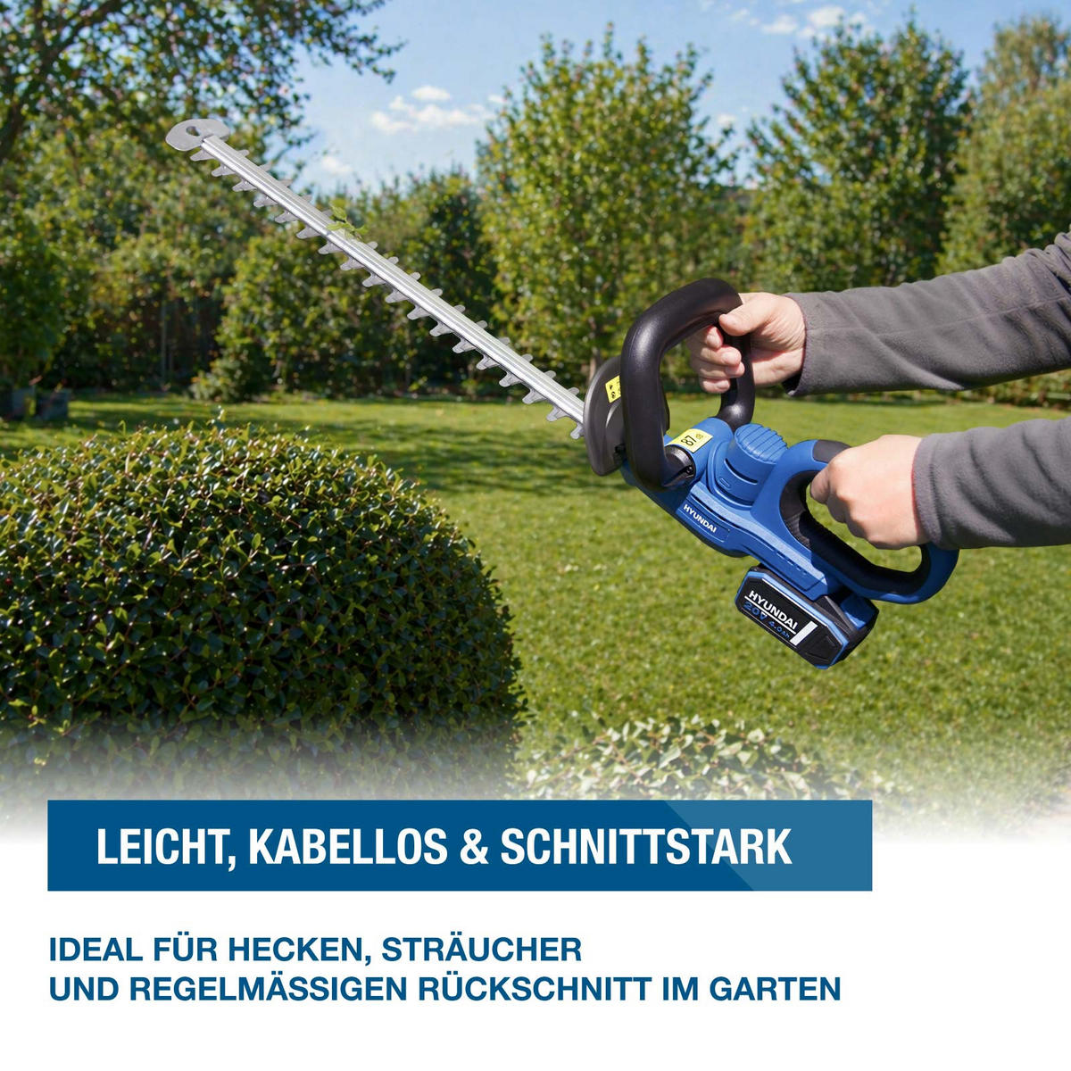 AKKU-HECKENSCHERE HT2051LI (20V, 51cm Schnittlänge, 20 mm Schnittstärke, ohne Akku und Ladegerät - Blau, Kunststoff (20/20.5/90cm) - Hyundai