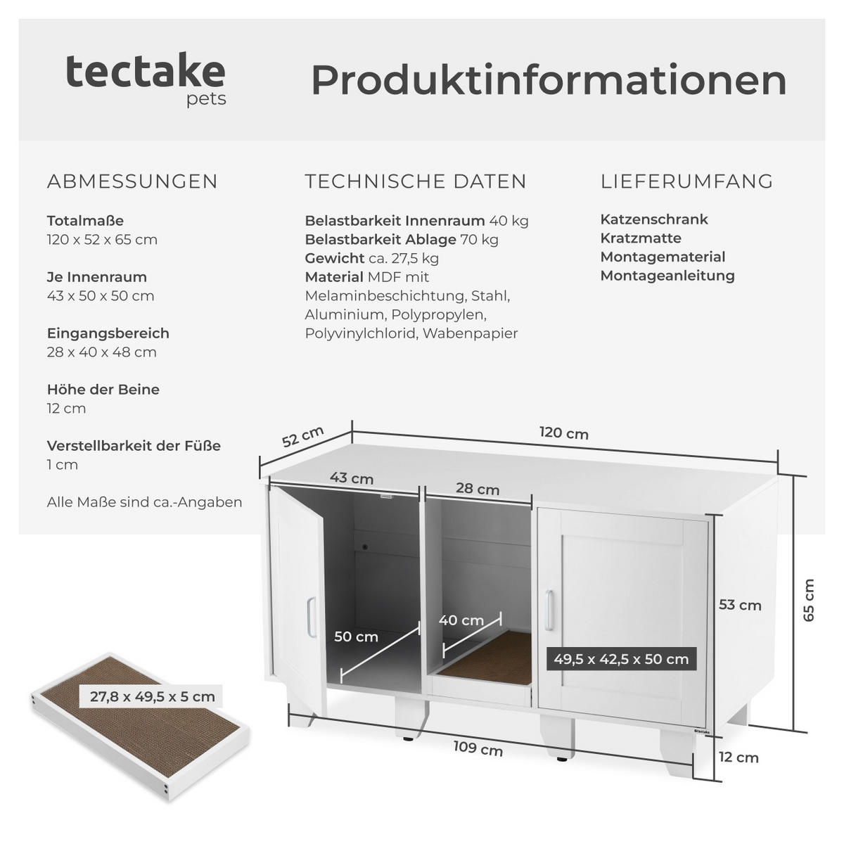 KATZENSCHRANK Freya,inklusive Kratzmatte, 120 x 52 x 65 cm,weiß - Weiß, Holz (120/65/52cm) - tectake