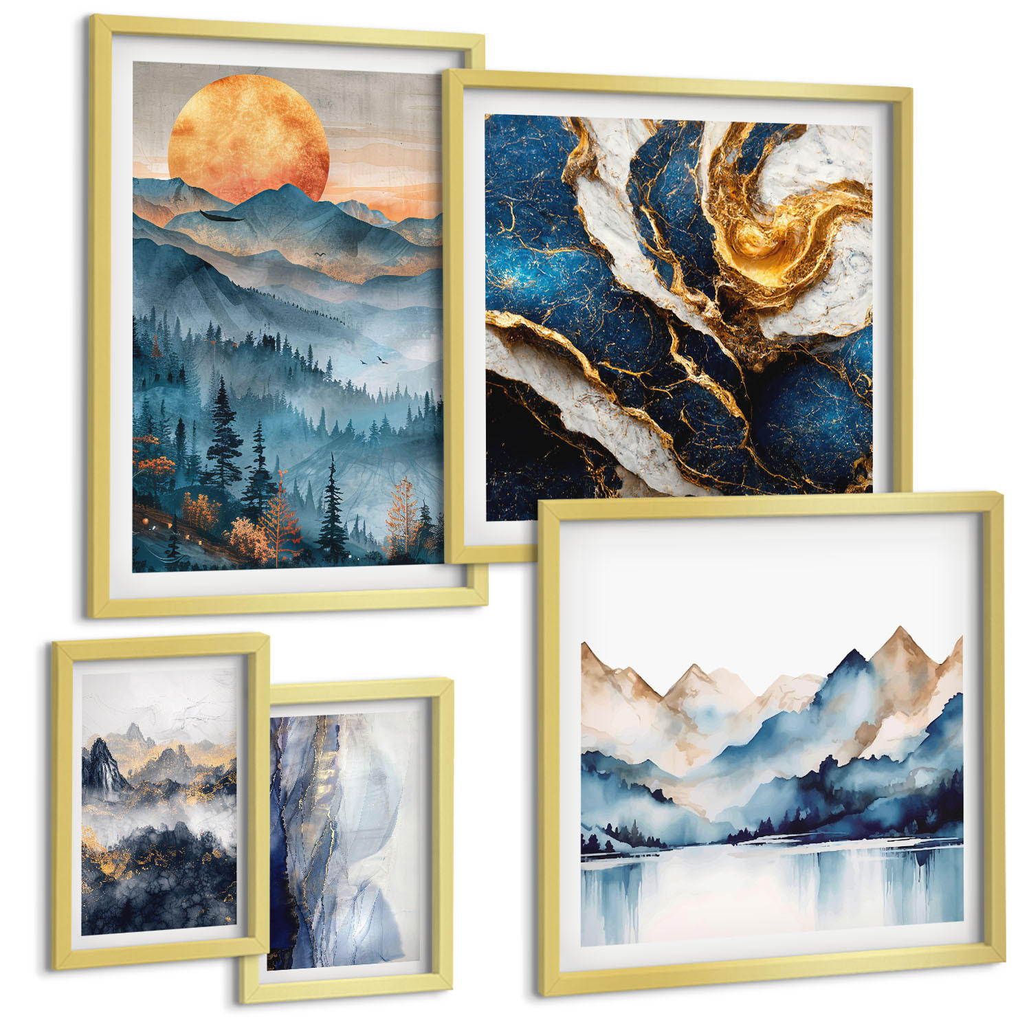 BILDER SET 5er Set - 50x50 cm & 20x30 cm & 40x60 cm Goldrahmen - Blaue Berglandschaften - Goldfarben, Kunststoff (40/60cm) - TULUP