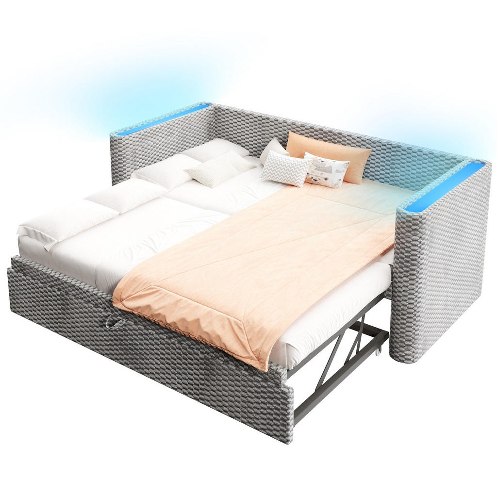 OKWISH DENNÍ postel 90/200 cm šedá z sametu s LED osvětlením a rozkladem na 180/200 cm