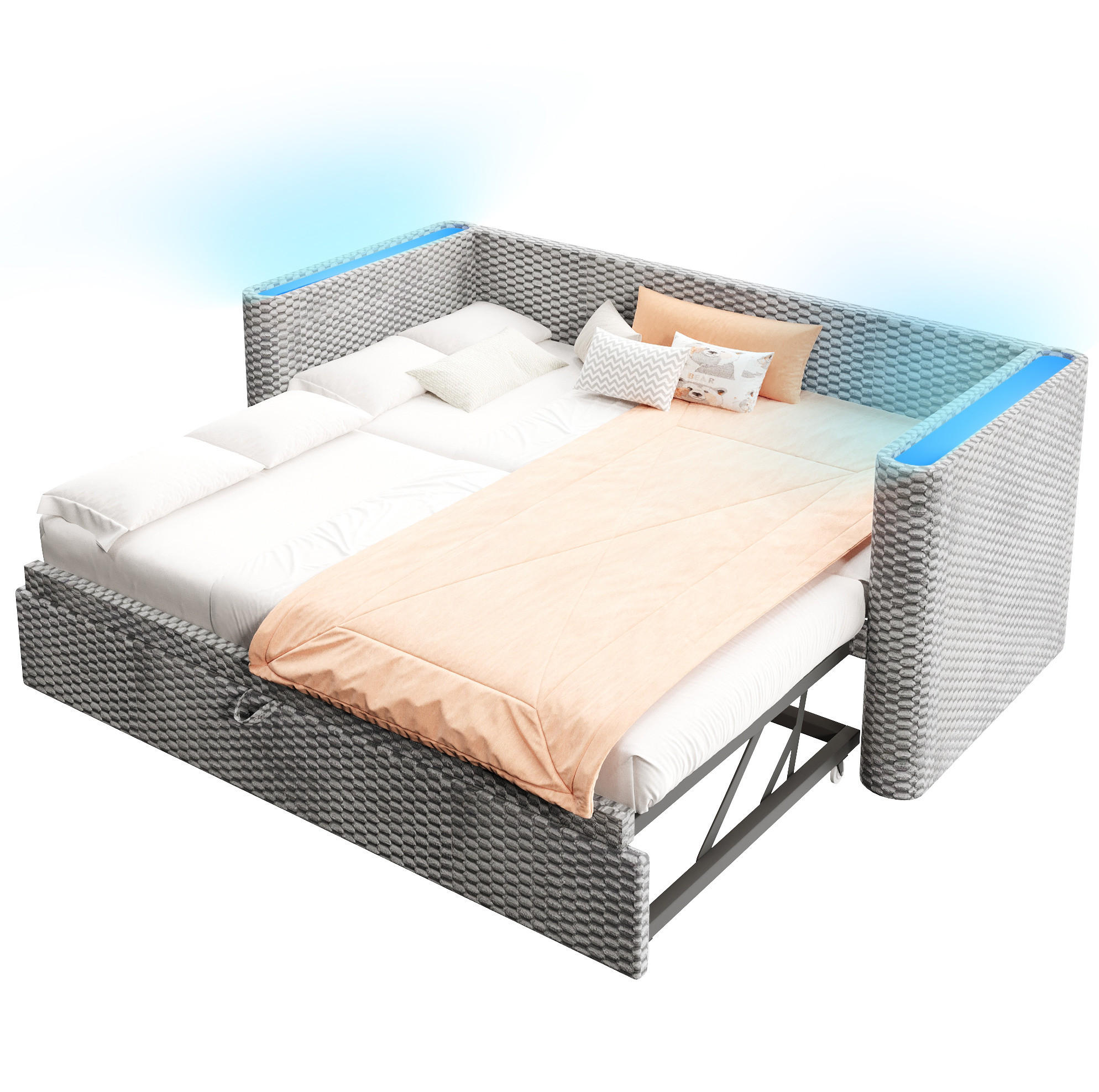 AUSZIEHBETT 90/200 cm Grau aus Samt mit LED-Beleuchtung klappbar zum Doppelbett 180/200 cm - Grau, Textil (90/200cm) - OKWISH