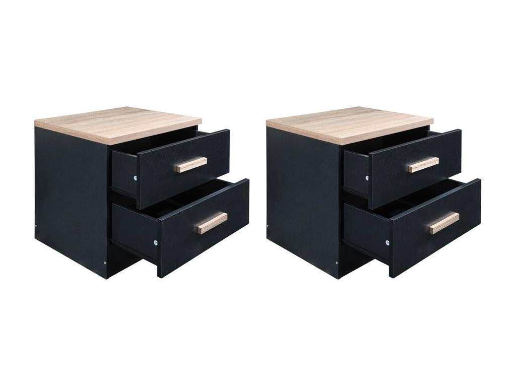 2ER-SET Nachttische mit 2 Schubladen - Schwarz & Naturholz - SKAIDO - Schwarz, Holz (40/50/50cm) - Vente-Unique