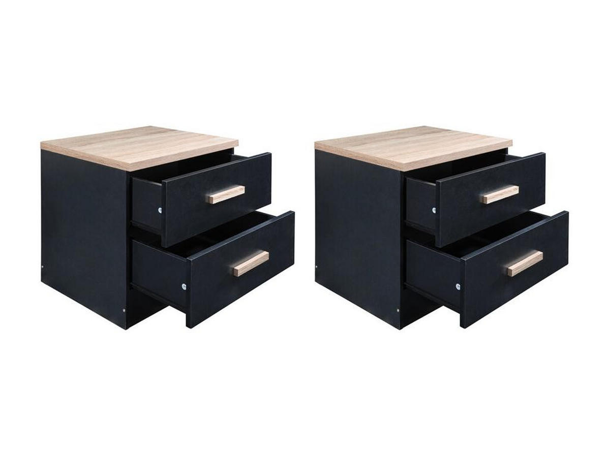2ER-SET Nachttische mit 2 Schubladen - Schwarz & Naturholz - SKAIDO - Schwarz, Holz (40/50/50cm) - Vente-Unique