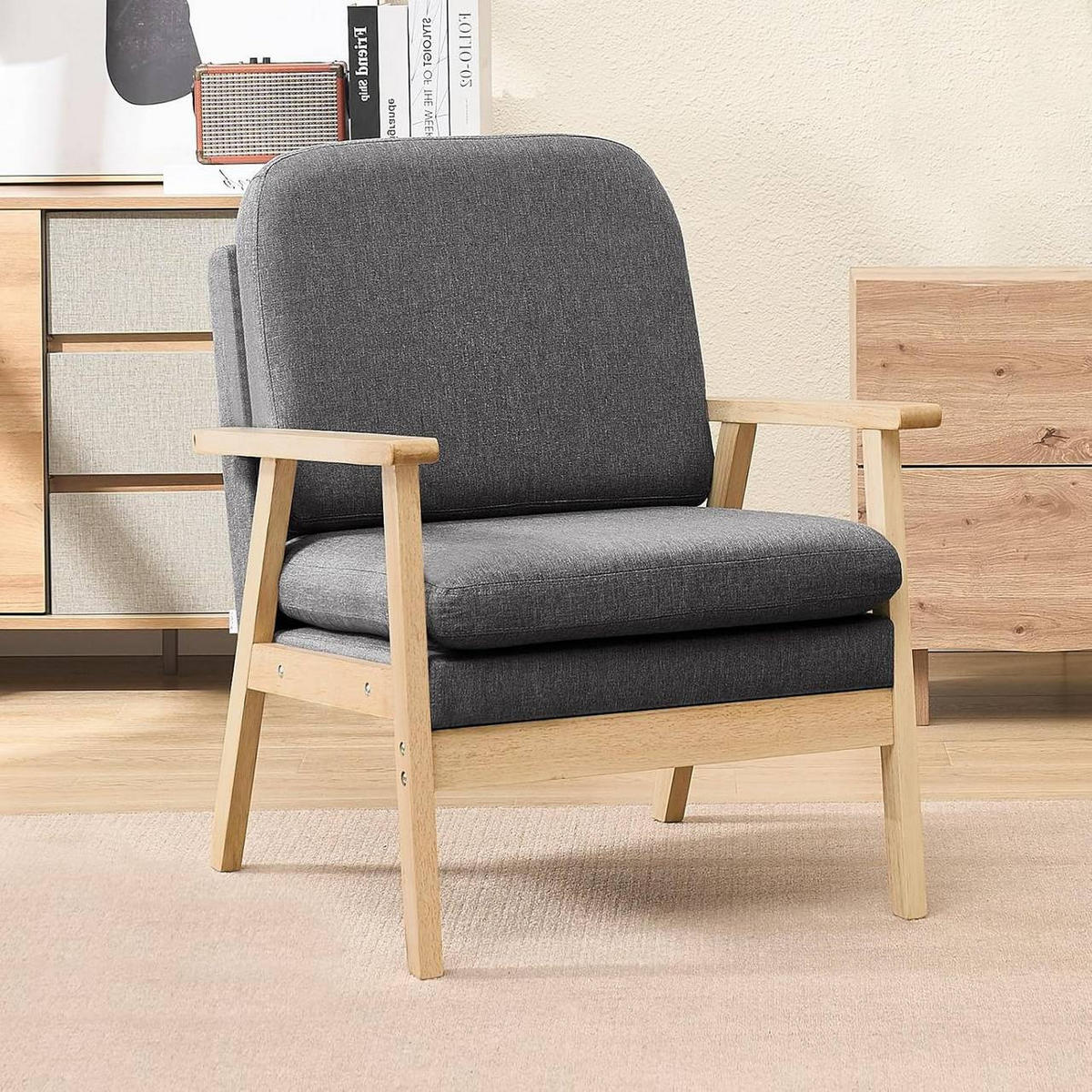 SESSEL Einzelsofa, aus Leinen Massivholz, Dunkelgrau - Eukalyptusholzfarben/Dunkelgrau, Holz/Textil (64/81.5/66.5cm) - Woltu