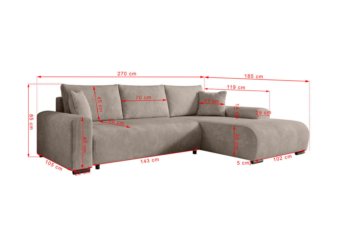 ECKSOFA Nelly mit Bettkasten und Schlaffunktion, Cordstoff in L-Form - Beige, Textil (270/185cm)