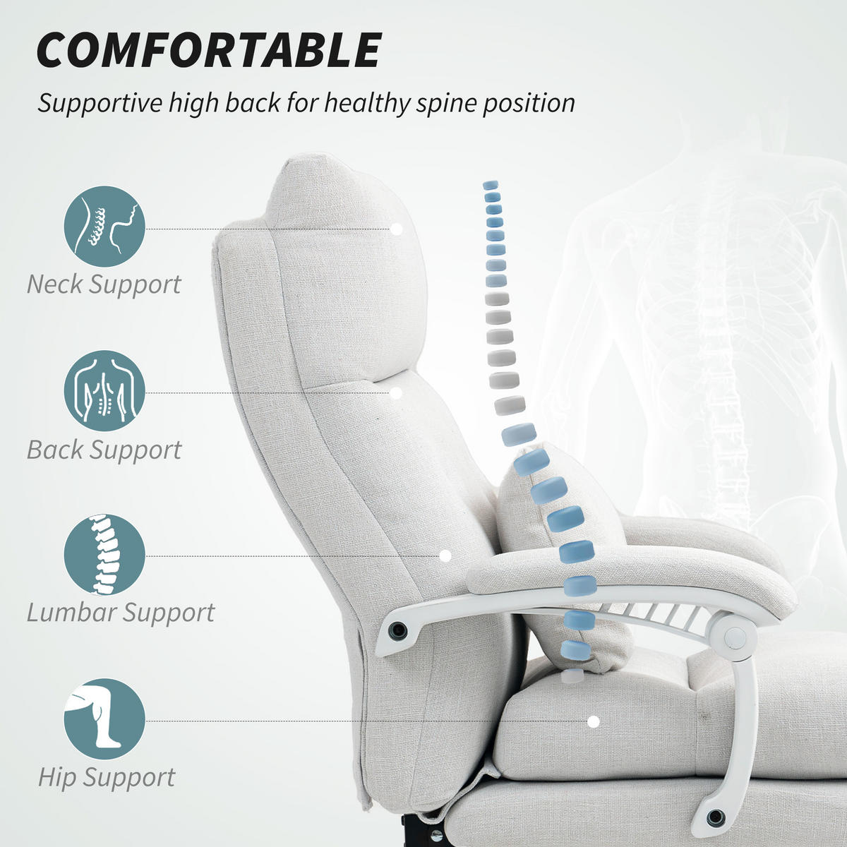 BÜROSTUHL Ergonomischer Schreibtischstuhl mit Lendenwirbelstütze, Fußstütze - Creme, Textil (68/122/70cm) - HOMCOM